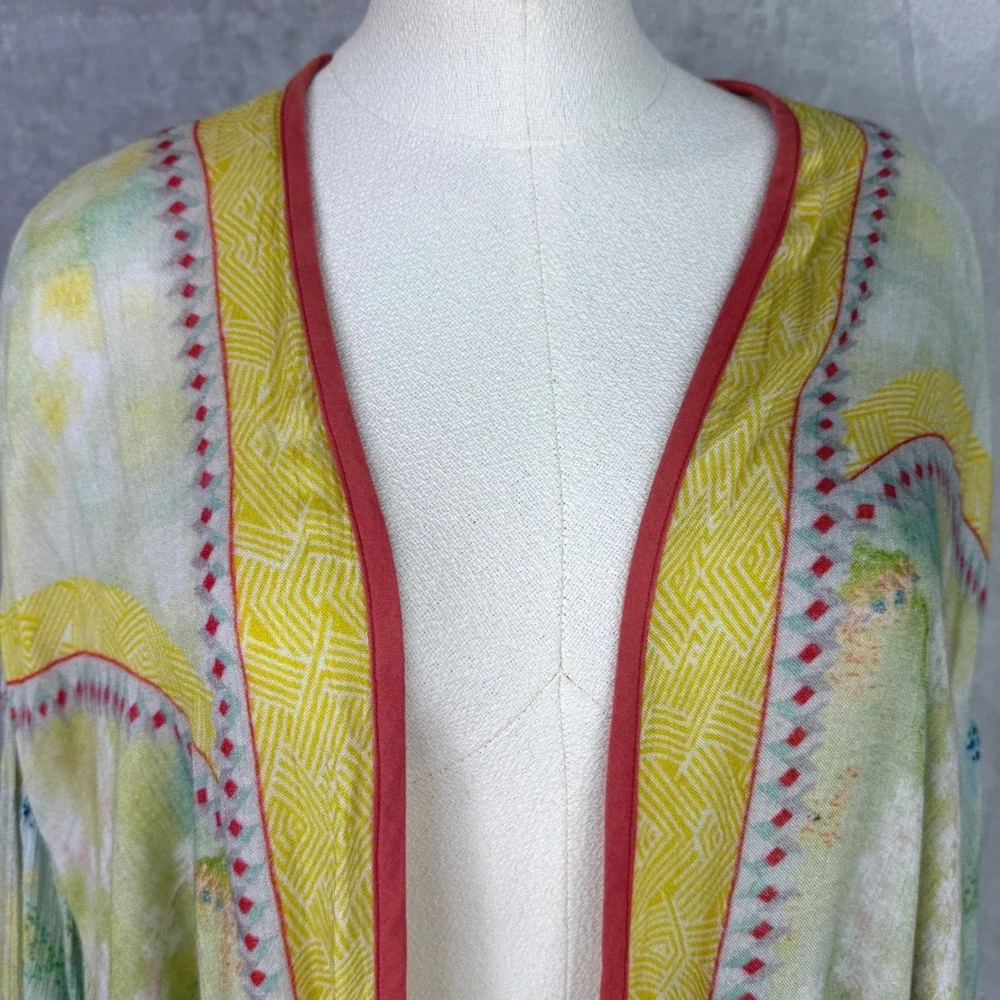 Anthropologie Kimono Cardigan OS Green Yellow Watercolor Boho Artsy whimsical - Picture 5 of 9